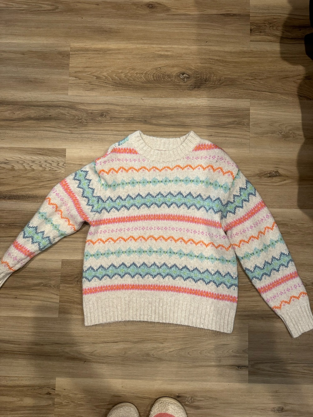 American Eagle Outfitters Cream Crewneck Sweater with Pastel Fair Isle Stripes